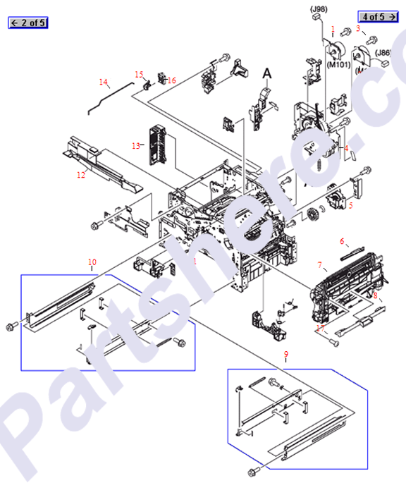 HP parts picture diagram for RM1-1012-000CN, RK2-0273-000CN, RC1-2902-000CN, RC1-2980-000CN, RC1-3002-000CN, RC1-3003-000CN, RC1-3042-000CN, RL1-0455-000CN, RU5-2251-000CN, RC1-2884-000CN, RK2-0275-000CN-R, RK2-0273-000CN-R, RM1-1572-040CN, RK2-0275-000CN, RM1-1029-040CN, RM1-1011-000CN, RM1-1049-000CN